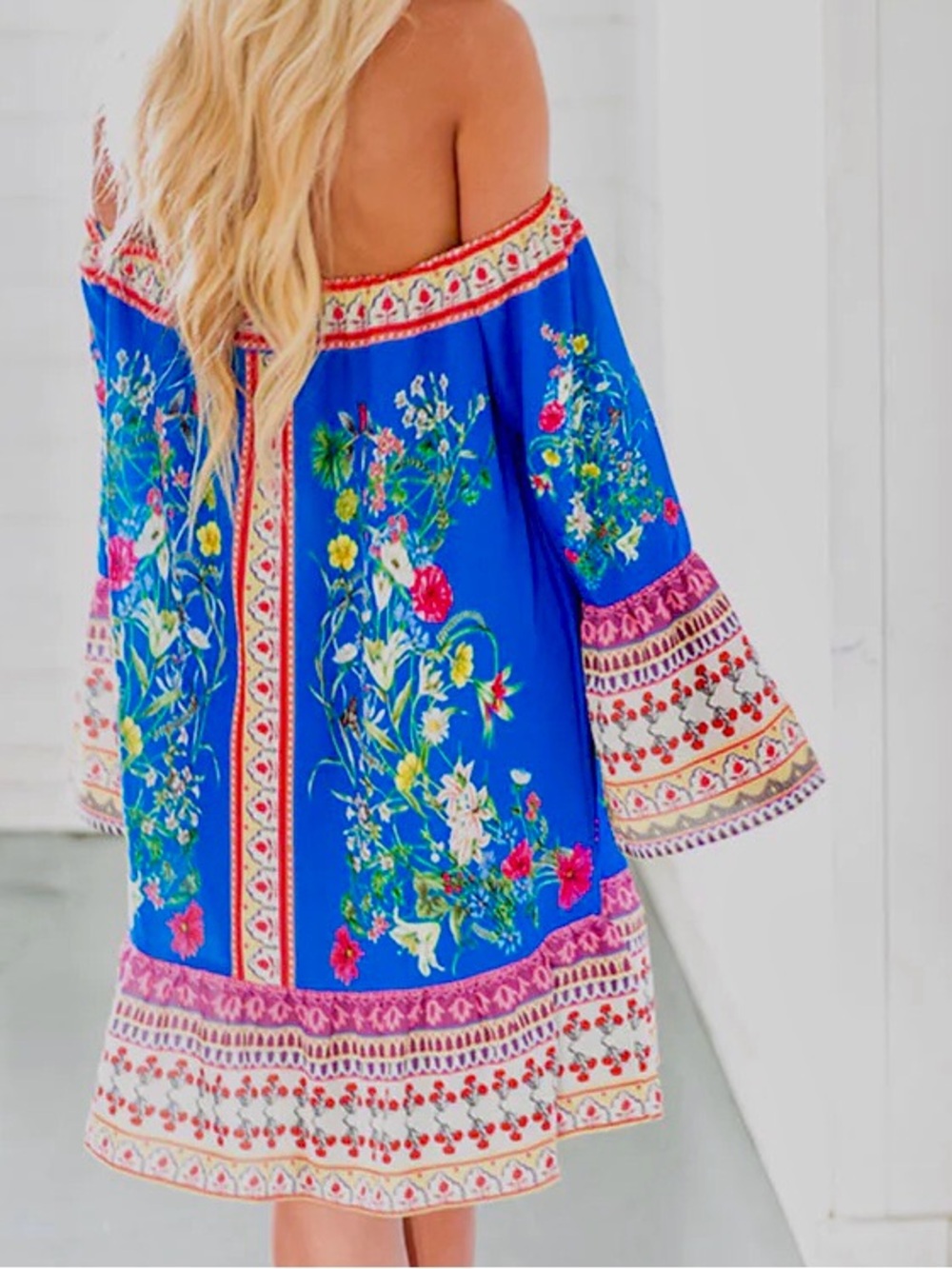 Umgee Womens Off the Shoulder BOHO Bell Sleeve Butterfly Floral Dress Sz L - Picture 3 of 7